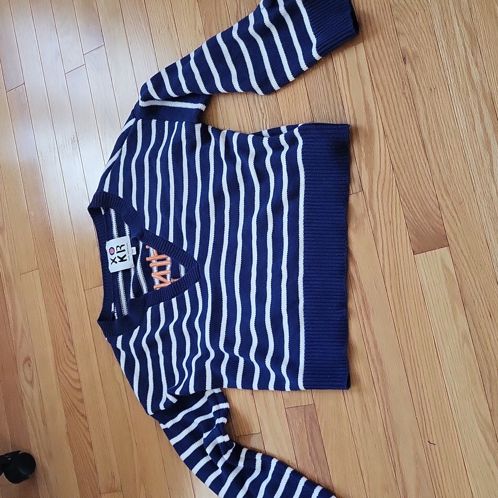 Navy and White Striped V-Neck Sweater